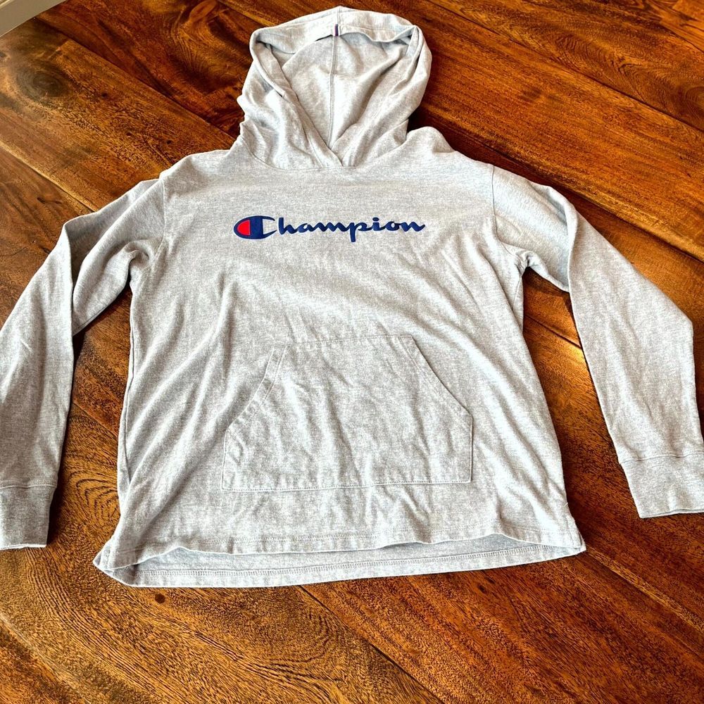 Champion Hoodie Women Small Gray Cotton Logo Kangaroo Pockets Side Slit Pullover
